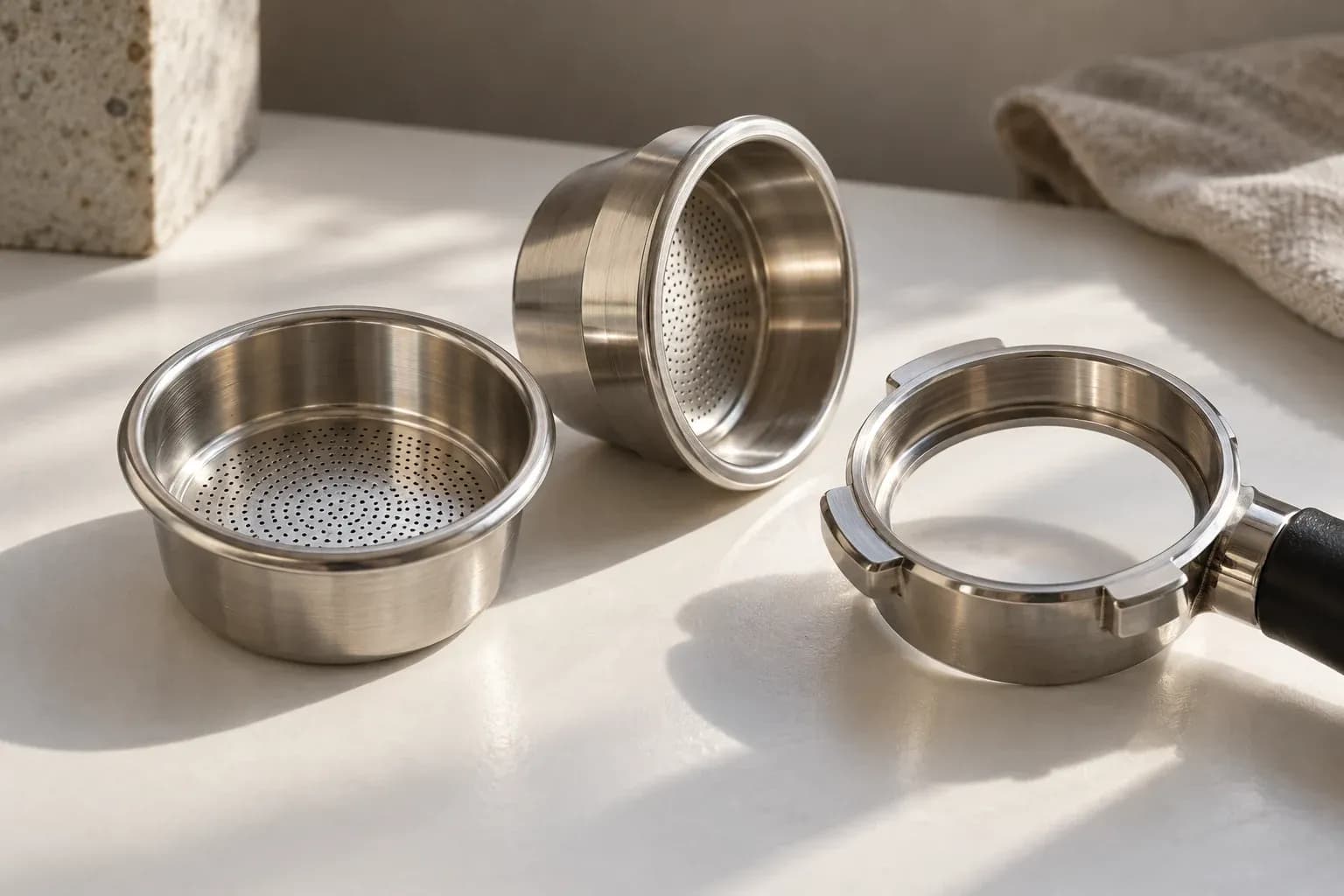 Các rổ lọc espresso bằng thép không gỉ, cho thấy phần đáy có lỗ và thành rổ.
